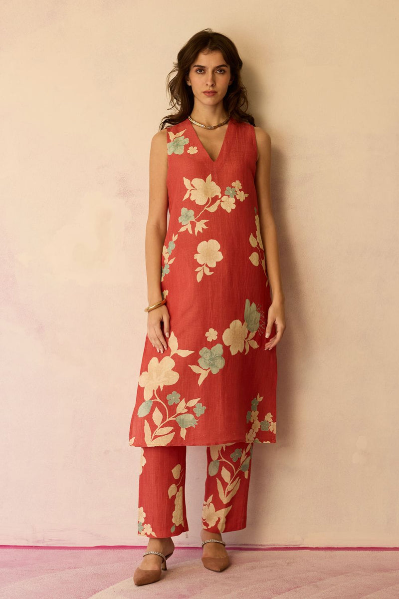 Hibiscus Anaar V-Neck Co-ord Set - Coral cotton by World of SiSa for women in Singapore