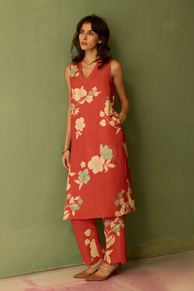 Hibiscus Anaar V-Neck Co-ord Set - Coral cotton by World of SiSa for women in Singapore