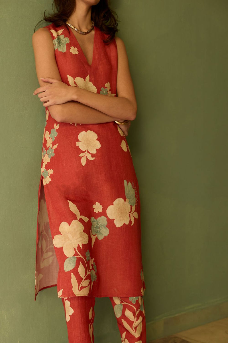 Hibiscus Anaar V-Neck Co-ord Set - Coral cotton by World of SiSa for women in Singapore