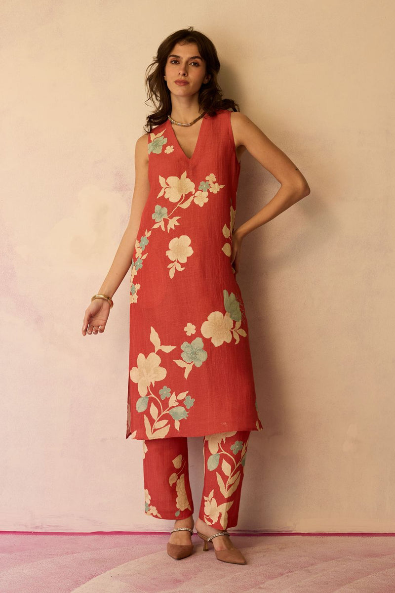Hibiscus Anaar V-Neck Co-ord Set - Coral cotton by World of SiSa for women in Singapore