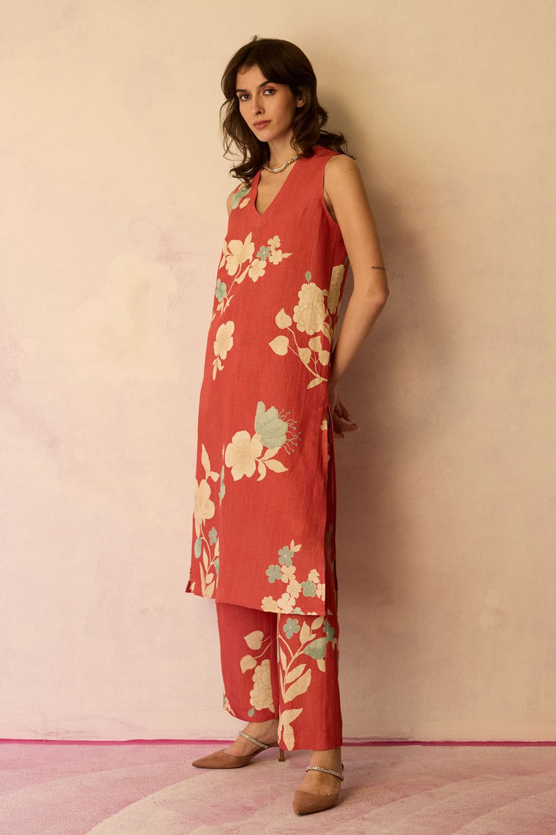Hibiscus Anaar V-Neck Co-ord Set - Coral cotton by World of SiSa for women in Singapore