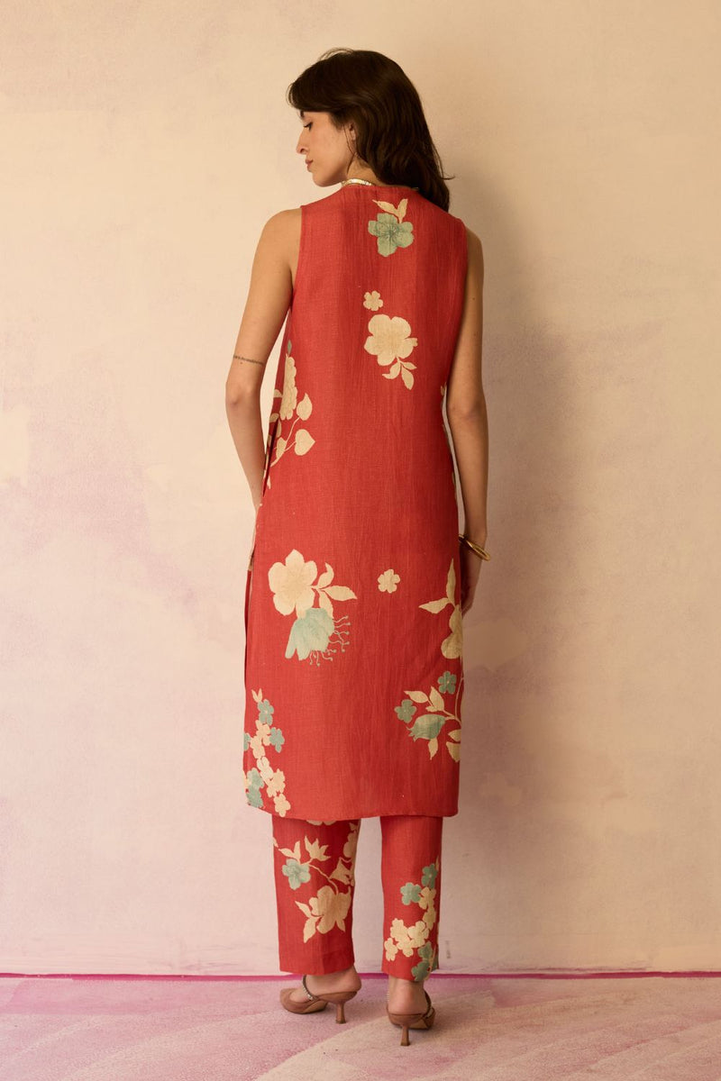 Hibiscus Anaar V-Neck Co-ord Set - Coral cotton by World of SiSa for women in Singapore