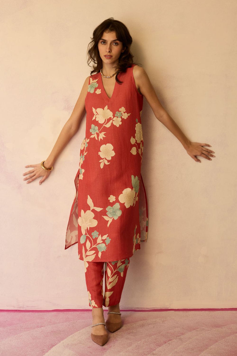 Hibiscus Anaar V-Neck Co-ord Set - Coral cotton by World of SiSa for women in Singapore