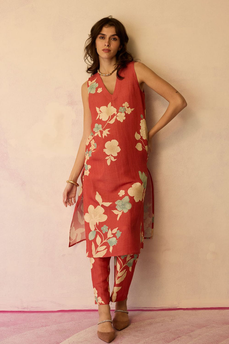 Hibiscus Anaar V-Neck Co-ord Set - Coral cotton by World of SiSa for women in Singapore
