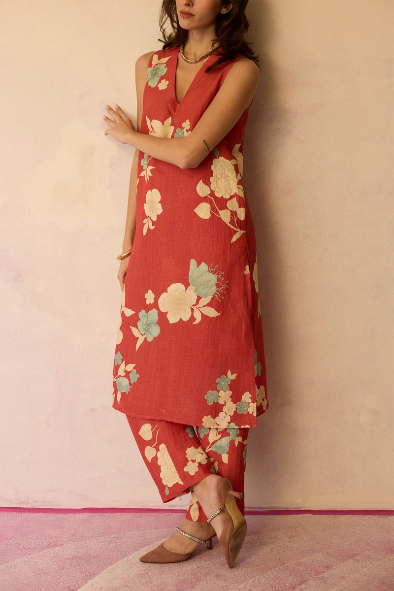 Hibiscus Anaar V-Neck Co-ord Set - Coral cotton by World of SiSa for women in Singapore