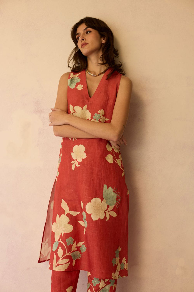 Hibiscus Anaar V-Neck Co-ord Set - Coral cotton by World of SiSa for women in Singapore