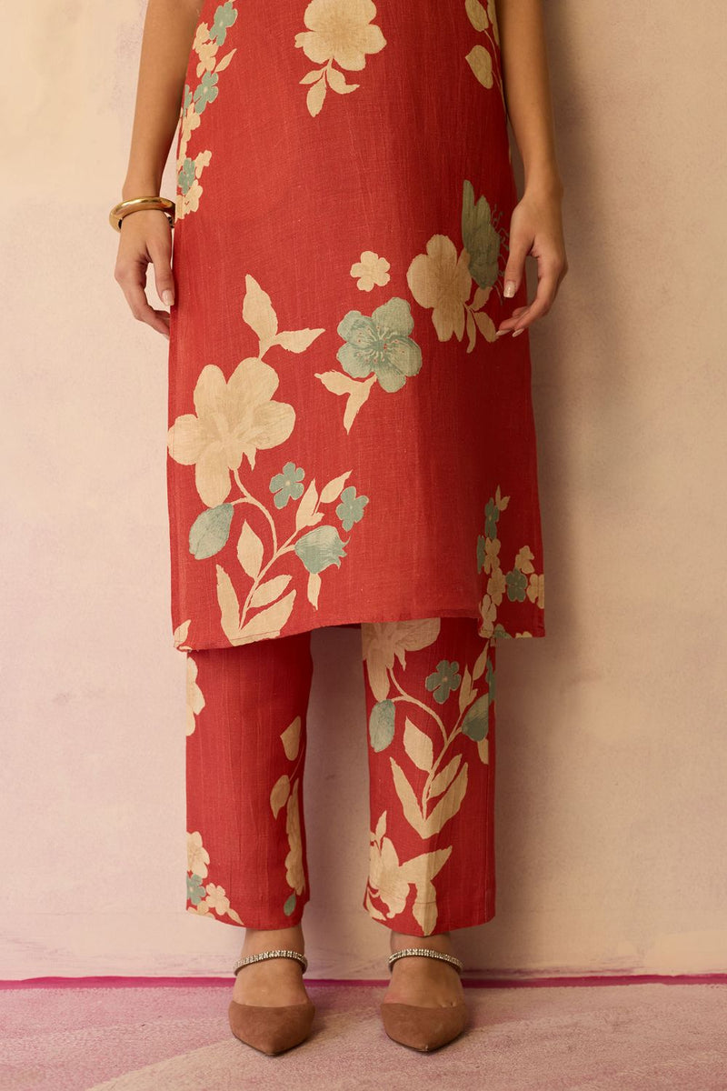 Hibiscus Anaar V-Neck Co-ord Set - Coral cotton by World of SiSa for women in Singapore