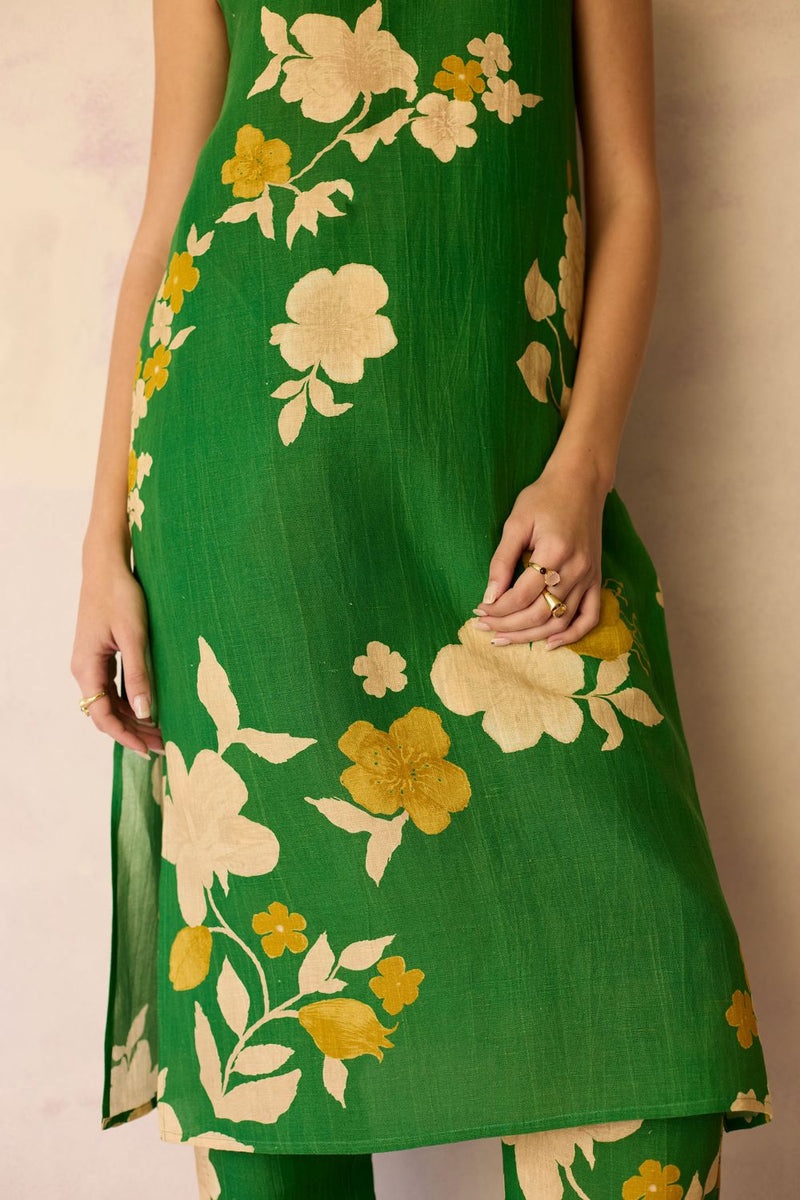 Hibiscus Anaar V-Neck Co-ord Set - Fern cotton by World of SiSa for women in Singapore