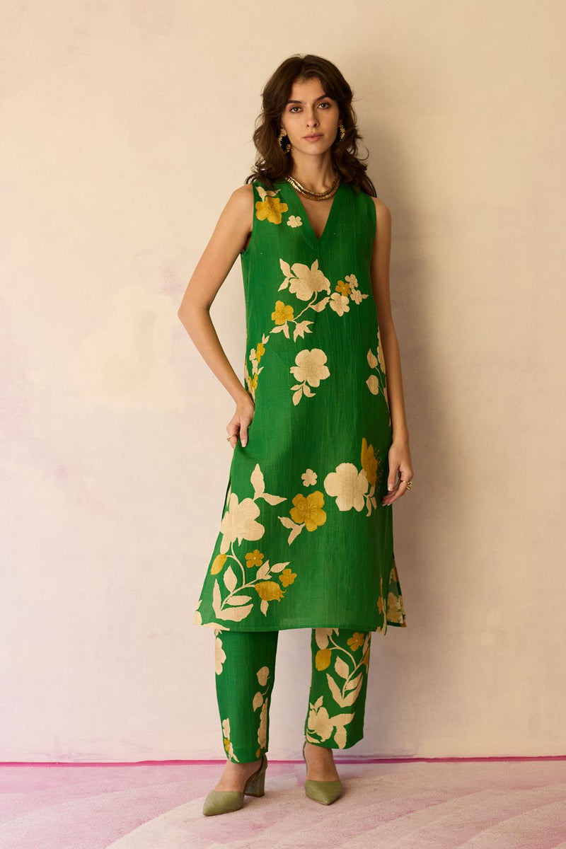 Hibiscus Anaar V-Neck Co-ord Set - Fern cotton by World of SiSa for women in Singapore