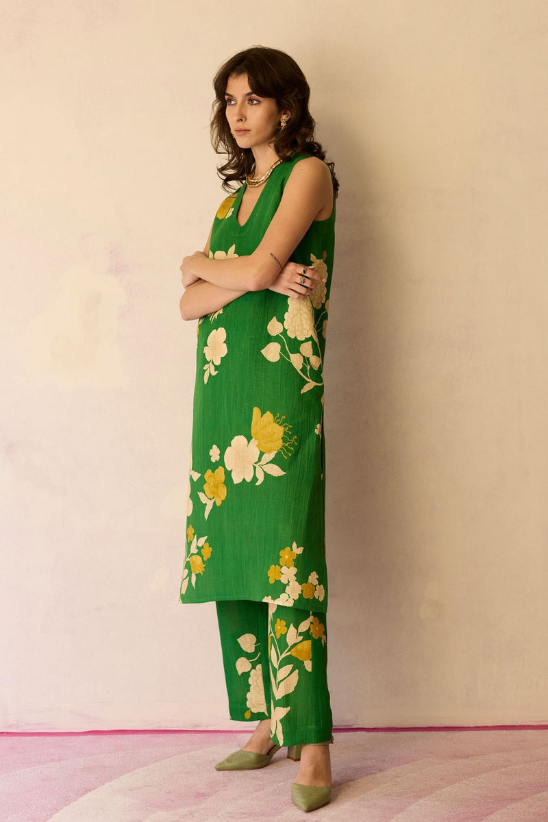 Hibiscus Anaar V-Neck Co-ord Set - Fern cotton by World of SiSa for women in Singapore