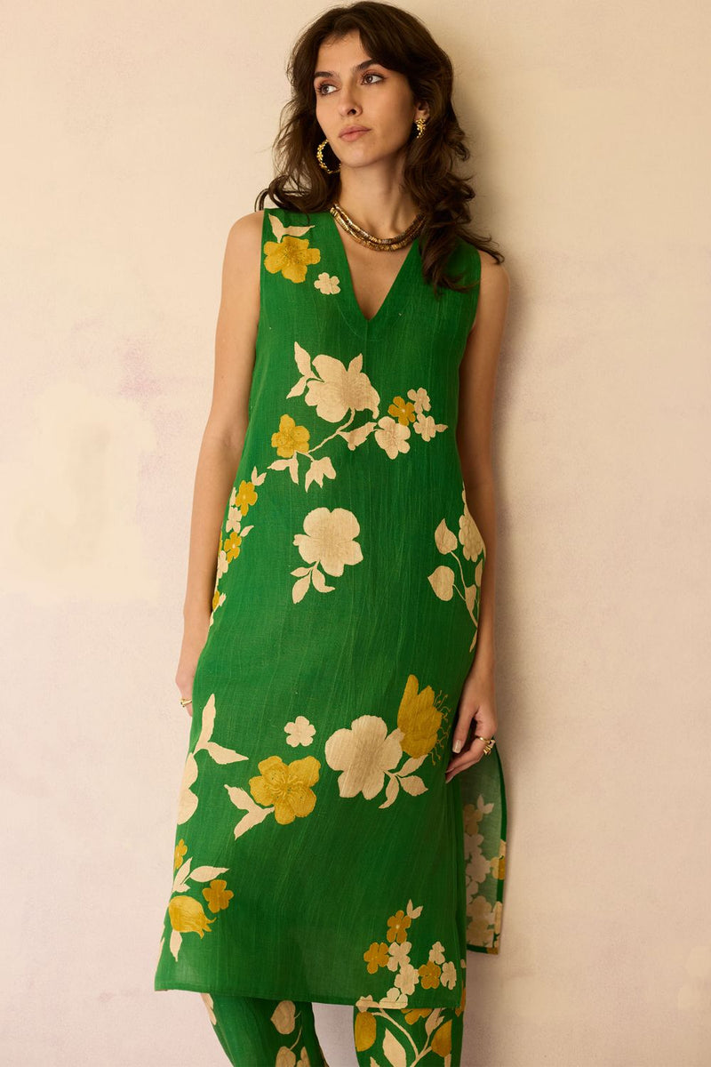 Hibiscus Anaar V-Neck Co-ord Set - Fern cotton by World of SiSa for women in Singapore