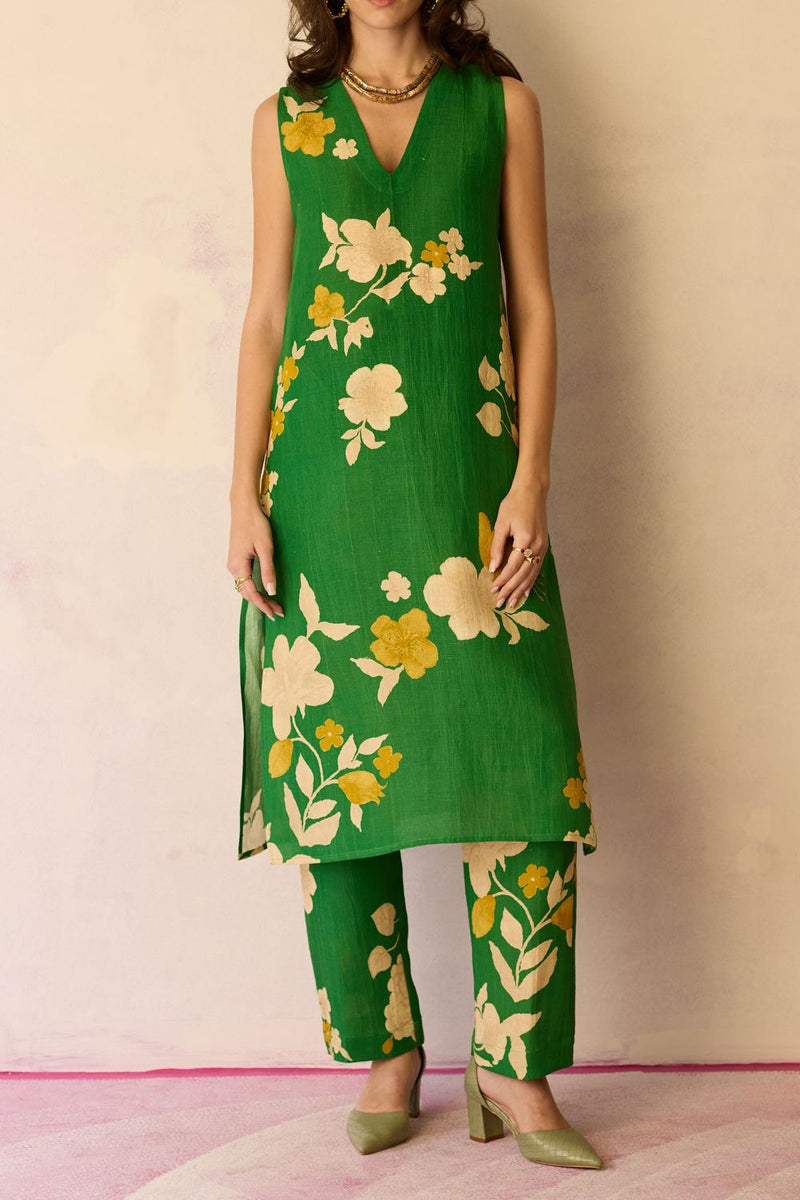 Hibiscus Anaar V-Neck Co-ord Set - Fern cotton by World of SiSa for women in Singapore