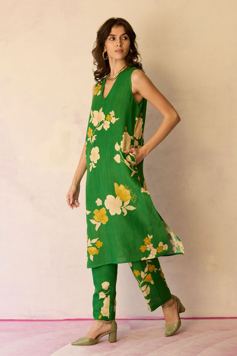 Hibiscus Anaar V-Neck Co-ord Set - Fern cotton by World of SiSa for women in Singapore