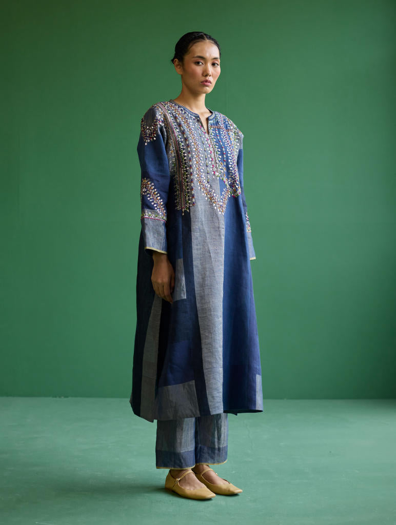 Rida Hand-Embroidered Kurta Set
 - Navy linen by Manan in navy color for women in Singapore