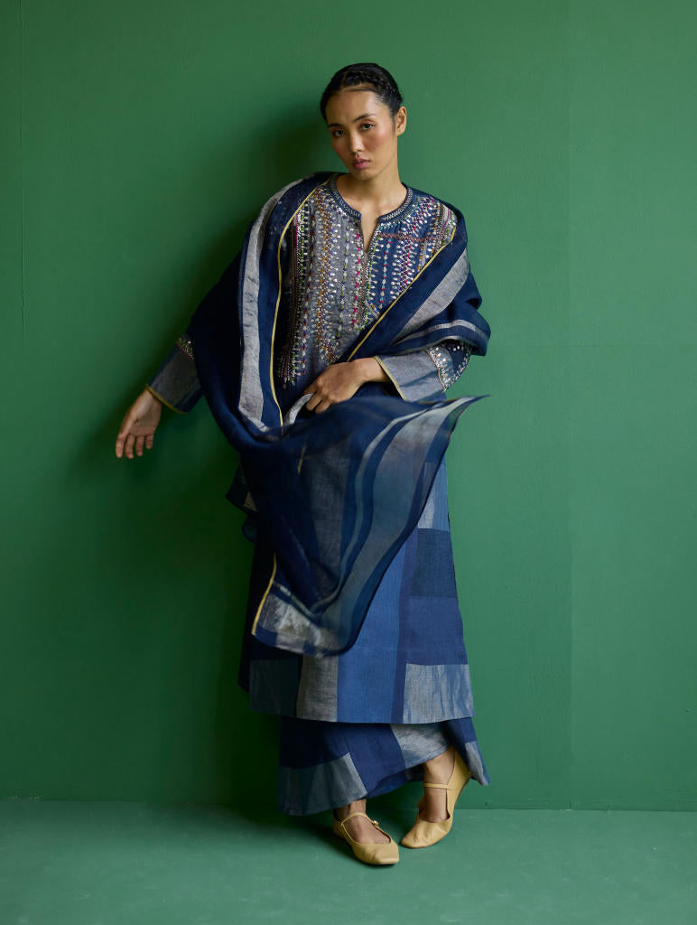 Rida Hand-Embroidered Metallic Linen Kurta - Navy linen by Manan in navy color for women in Singapore