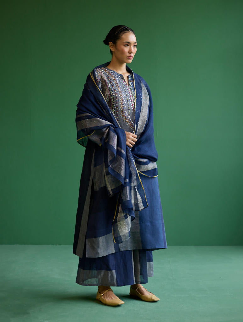 Rida Hand-Embroidered Metallic Linen Kurta - Navy linen by Manan in navy color for women in Singapore