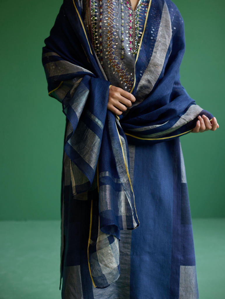 Rida Hand-Embroidered Kurta Set
 - Navy linen by Manan in navy color for women in Singapore