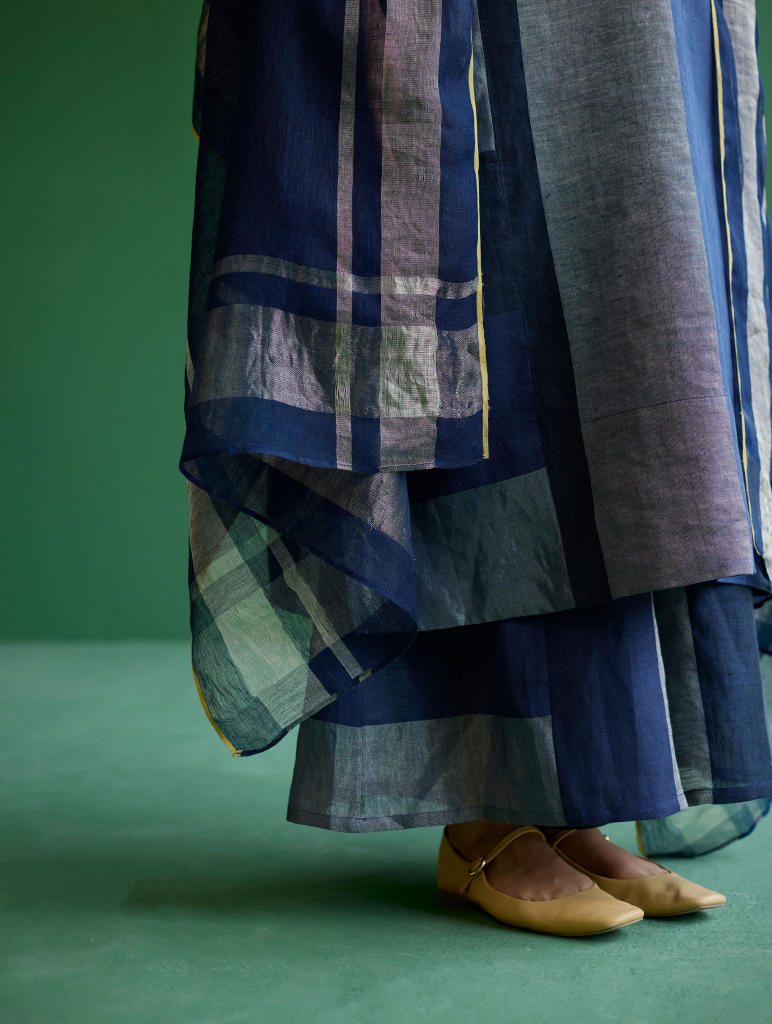 Rida Hand-Embroidered Metallic Linen Kurta - Navy linen by Manan in navy color for women in Singapore