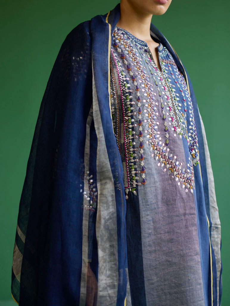 Rida Hand-Embroidered Metallic Linen Kurta - Navy linen by Manan in navy color for women in Singapore