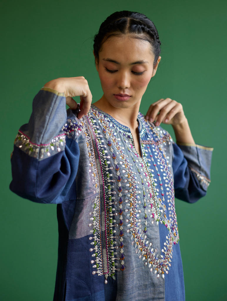 Rida Hand-Embroidered Kurta Set
 - Navy linen by Manan in navy color for women in Singapore