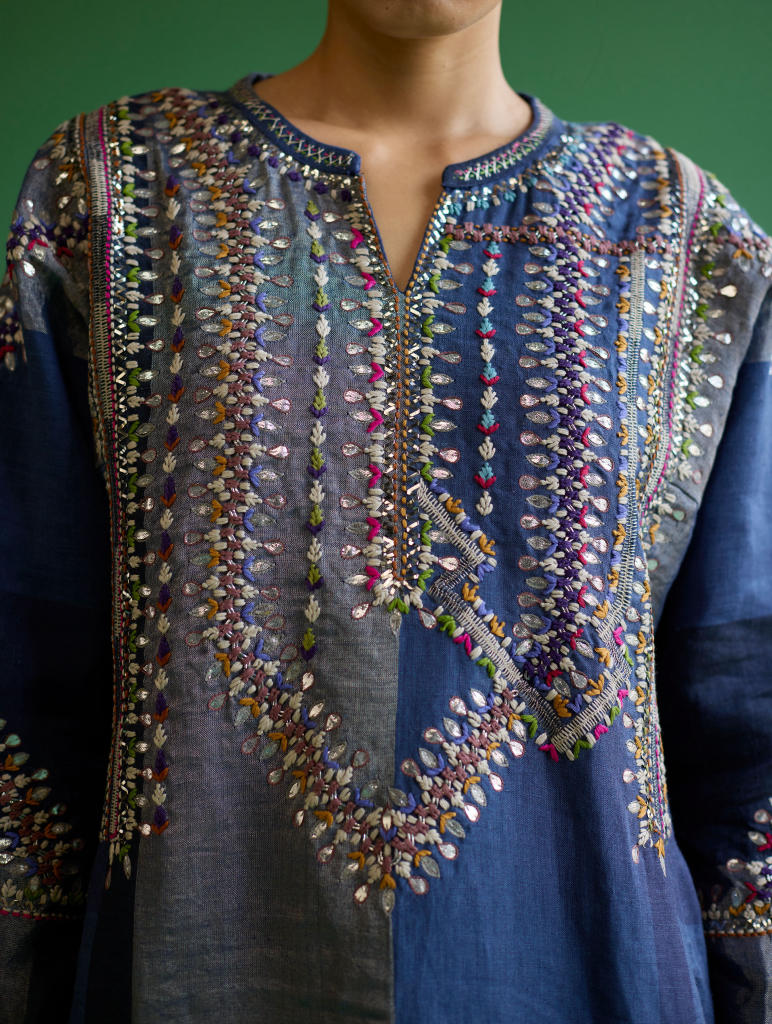 Rida Hand-Embroidered Metallic Linen Kurta - Navy linen by Manan in navy color for women in Singapore