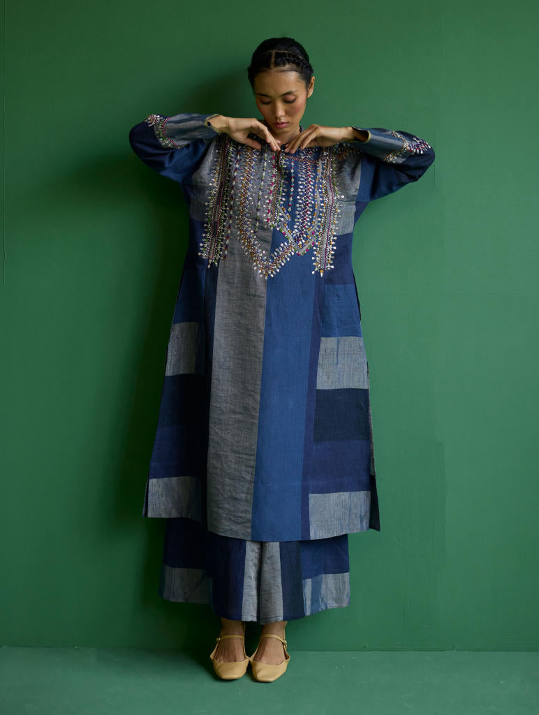Rida Hand-Embroidered Metallic Linen Kurta - Navy linen by Manan in navy color for women in Singapore