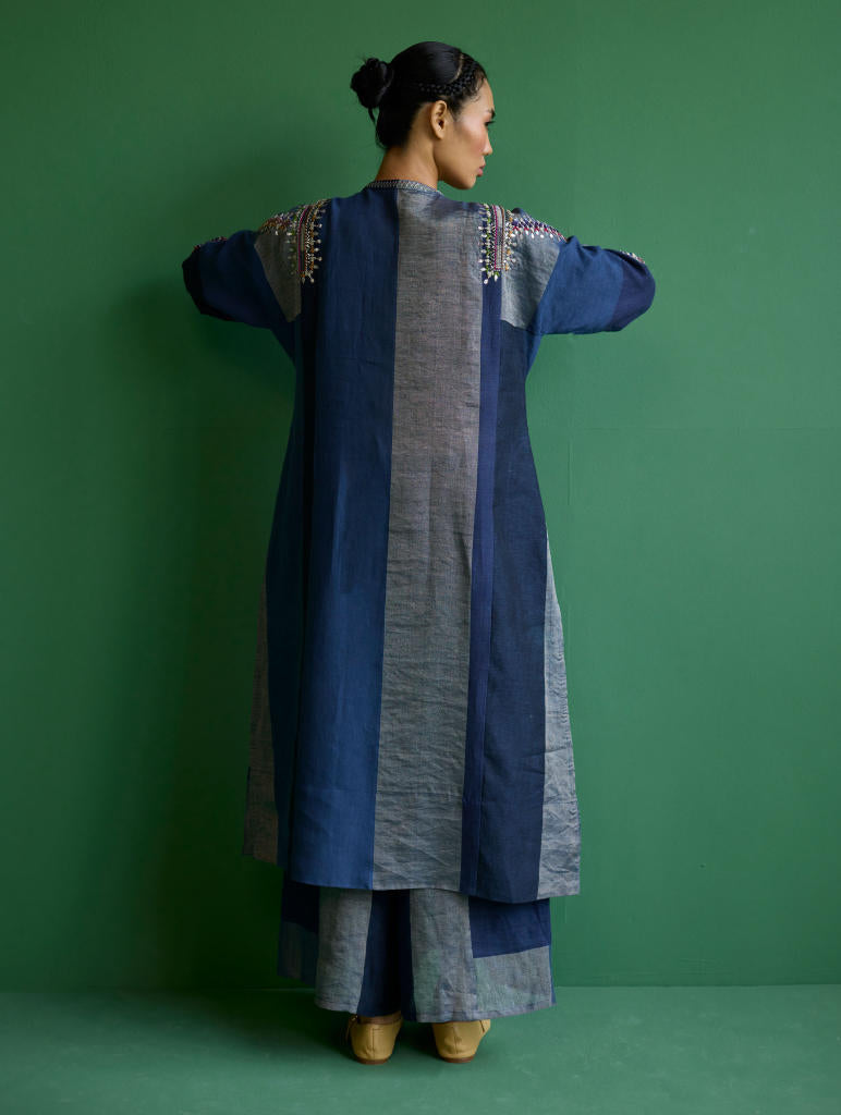 Rida Hand-Embroidered Metallic Linen Kurta - Navy linen by Manan in navy color for women in Singapore