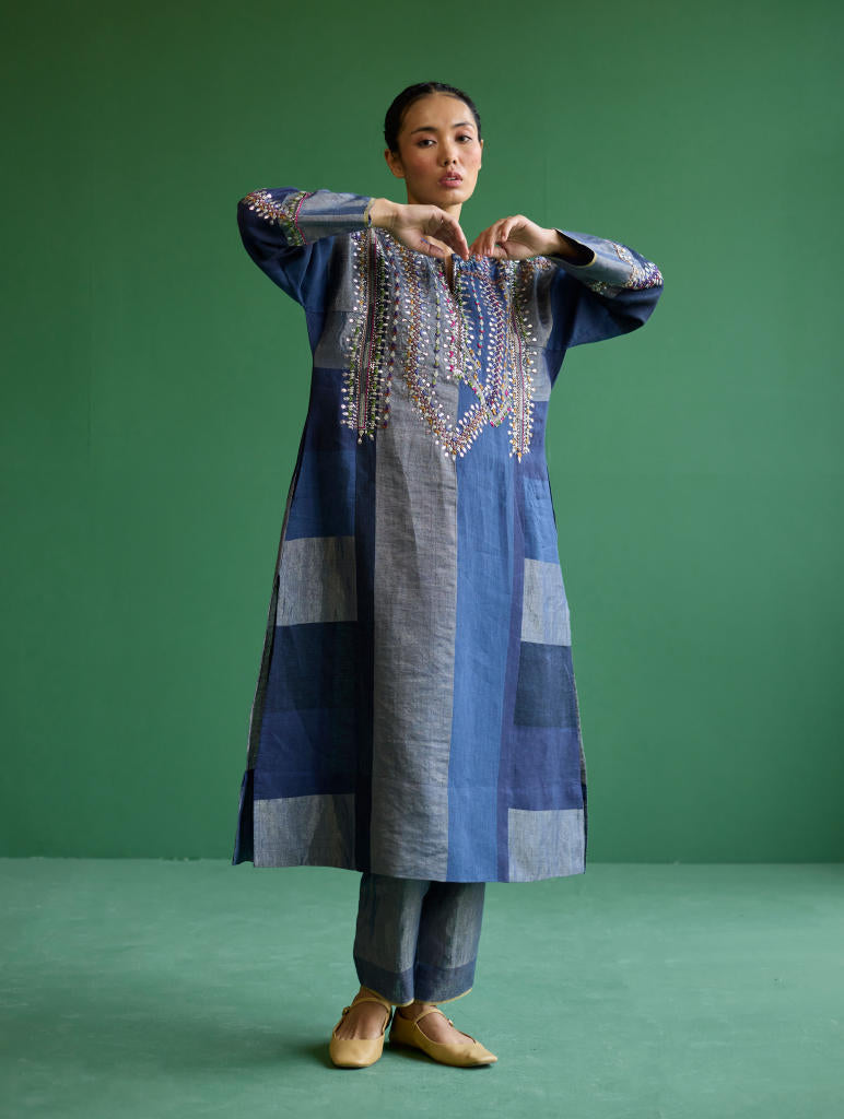 Rida Hand-Embroidered Kurta Set
 - Navy linen by Manan in navy color for women in Singapore