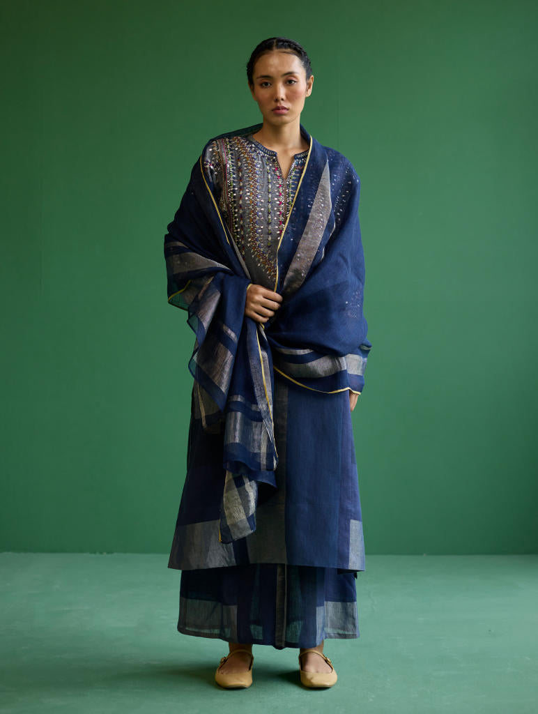Rida Hand-Embroidered Metallic Linen Kurta - Navy linen by Manan in navy color for women in Singapore
