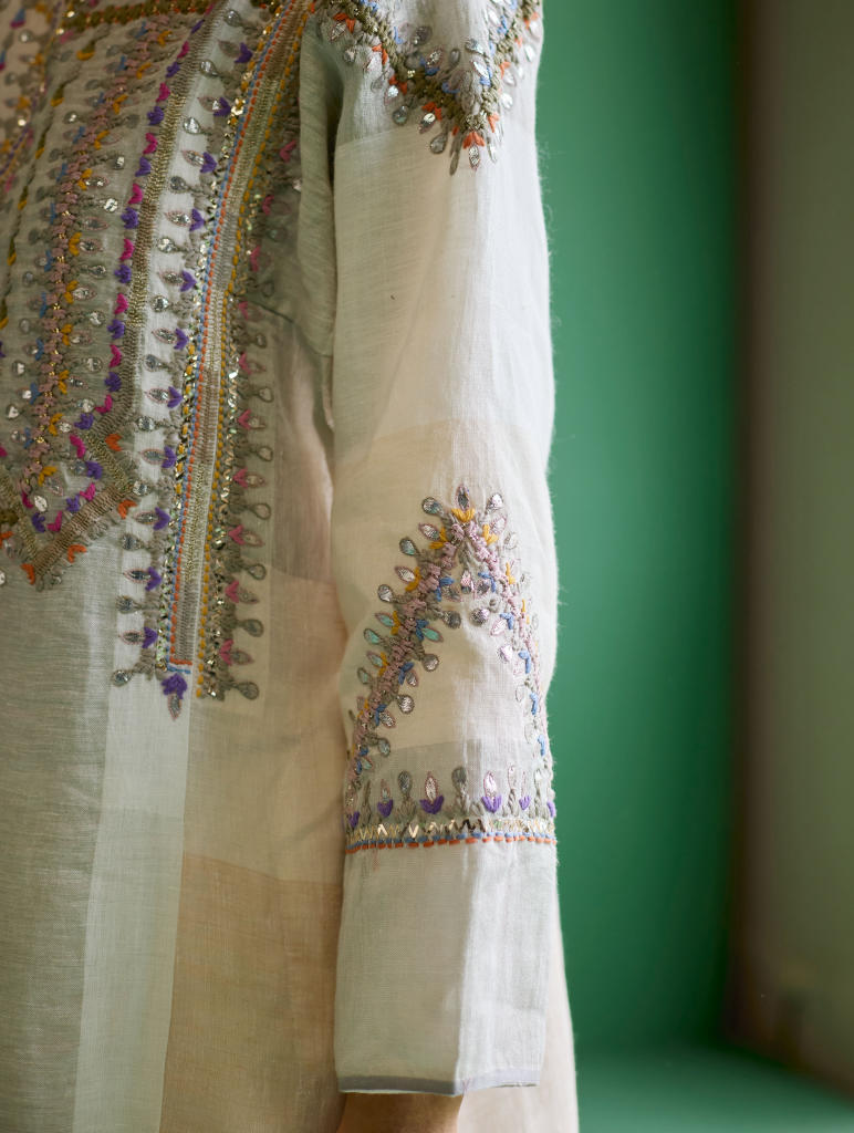 Rida Hand-Embroidered Kurta Set
 - Ivory linen by Manan in ivory color for women in Singapore