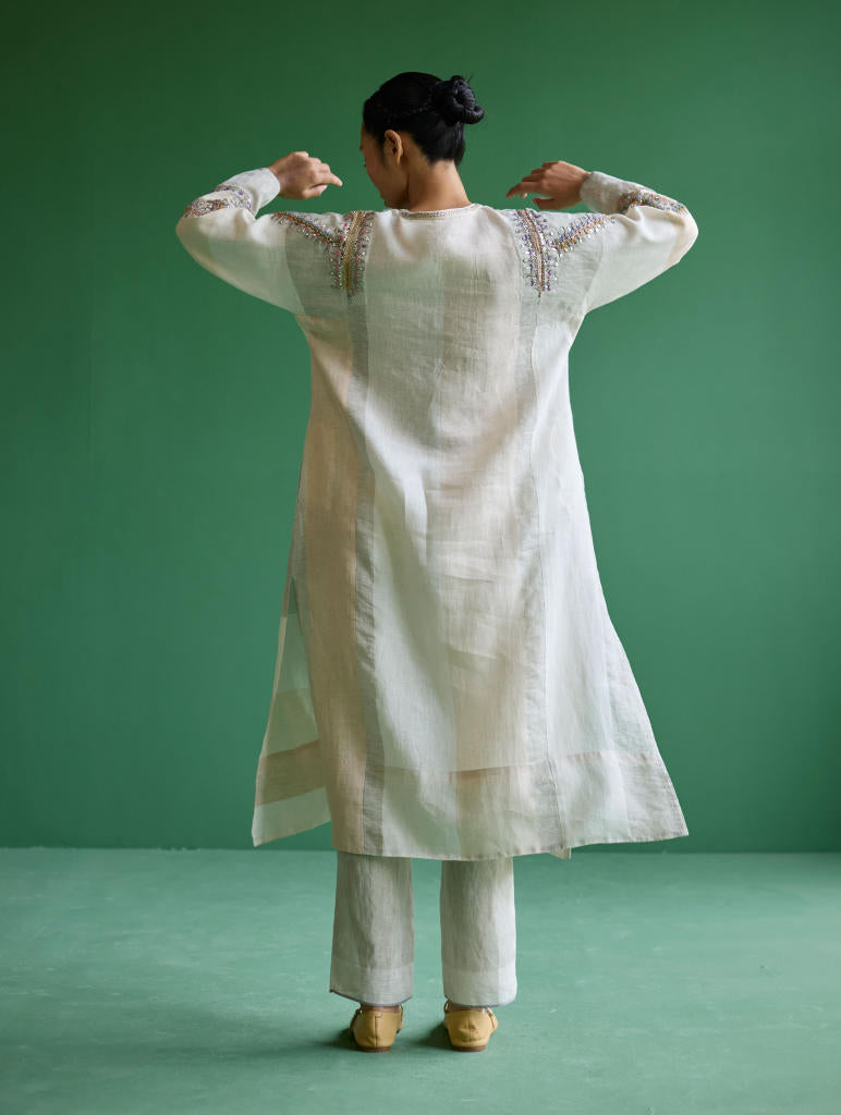 Rida Hand-Embroidered Metallic Linen Kurta - Ivory linen by Manan in ivory color for women in Singapore