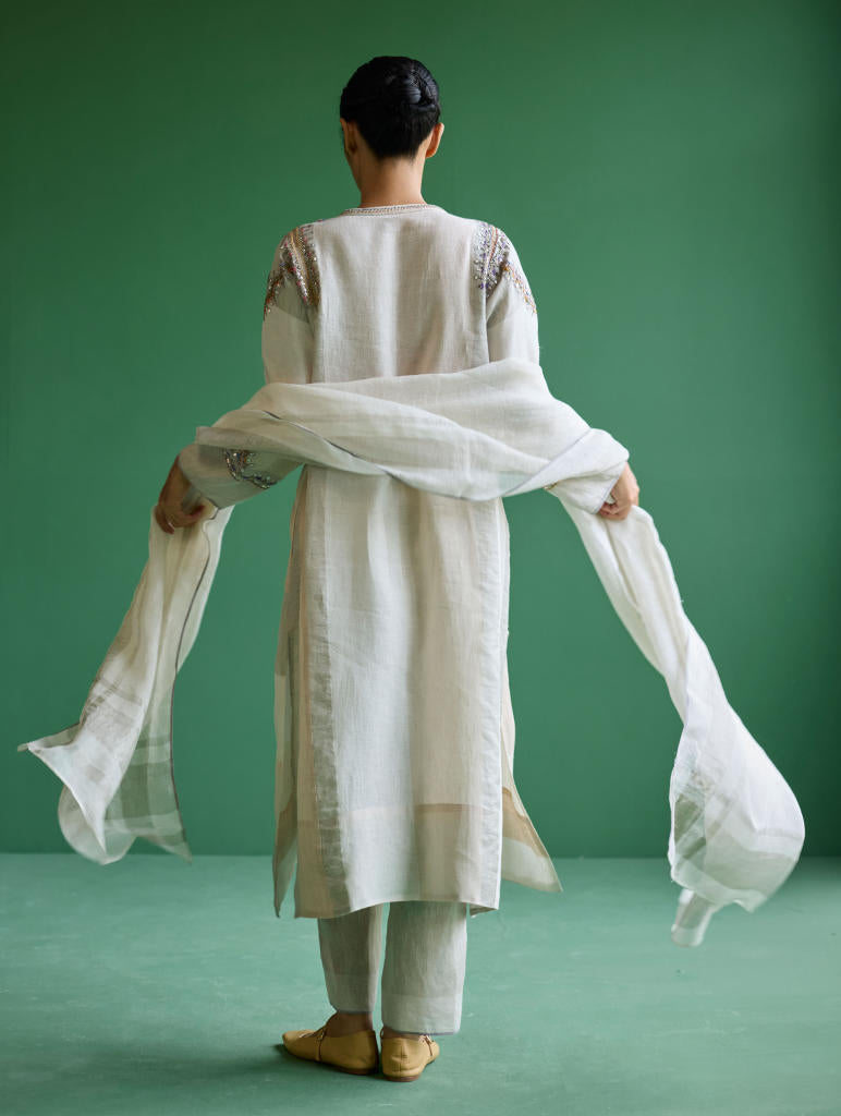 Rida Hand-Embroidered Metallic Linen Kurta - Ivory linen by Manan in ivory color for women in Singapore