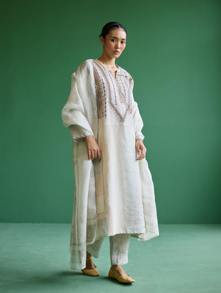 Rida Hand-Embroidered Metallic Linen Kurta - Ivory linen by Manan in ivory color for women in Singapore