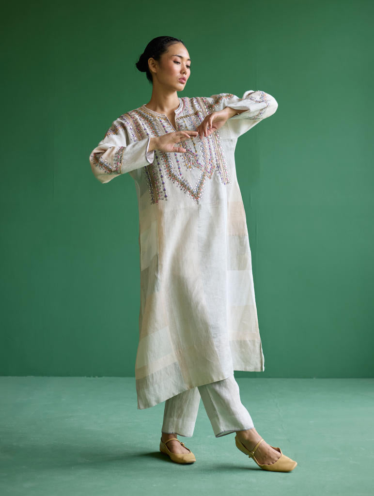 Rida Hand-Embroidered Metallic Linen Kurta - Ivory linen by Manan in ivory color for women in Singapore