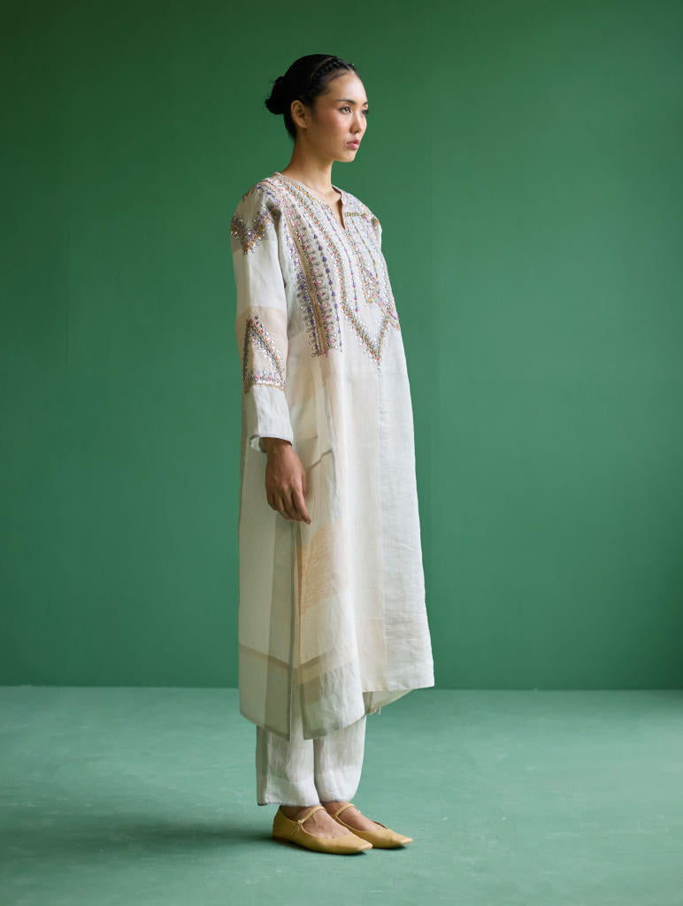 Rida Hand-Embroidered Metallic Linen Kurta - Ivory linen by Manan in ivory color for women in Singapore