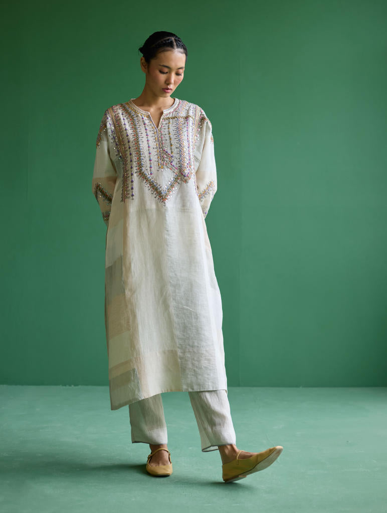 Rida Hand-Embroidered Metallic Linen Kurta - Ivory linen by Manan in ivory color for women in Singapore