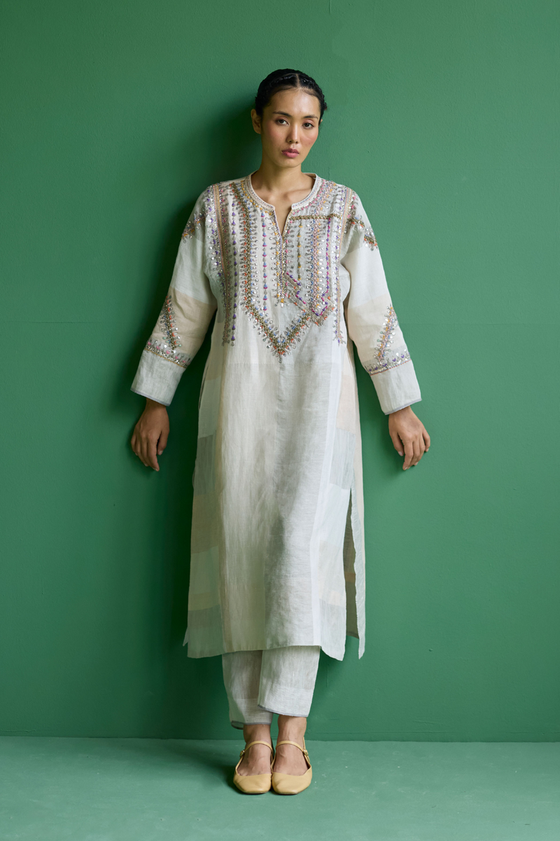 Rida Hand-Embroidered Metallic Linen Kurta - Ivory linen by Manan in ivory color for women in Singapore