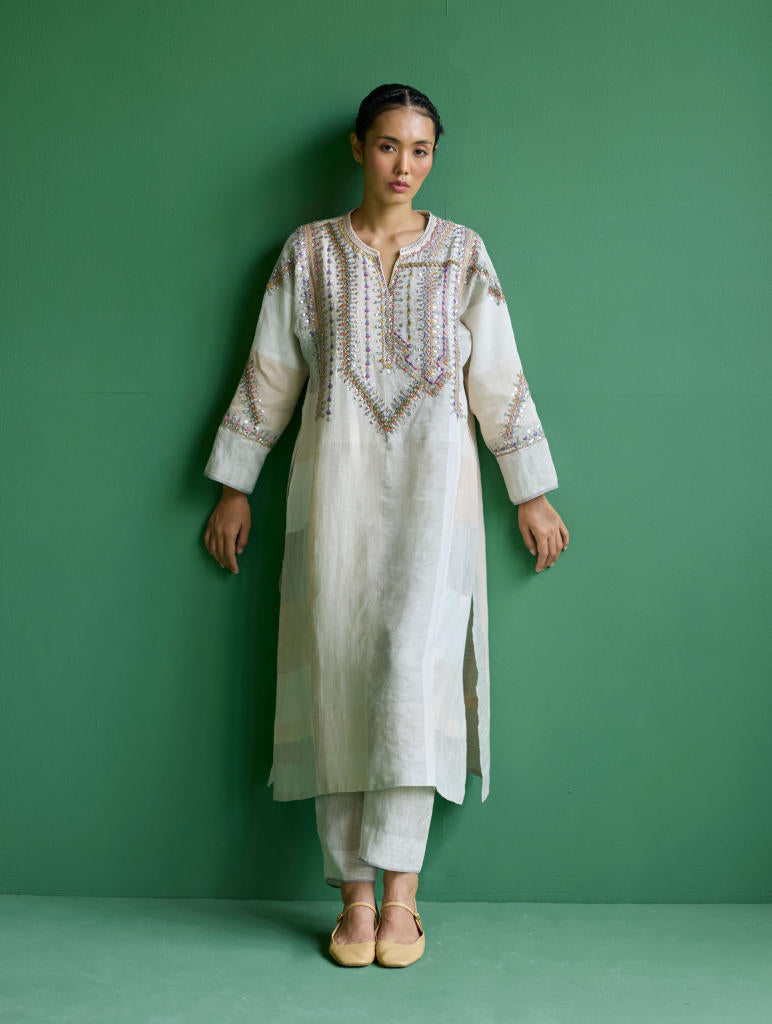 Rida Hand-Embroidered Kurta Set
 - Ivory linen by Manan in ivory color for women in Singapore