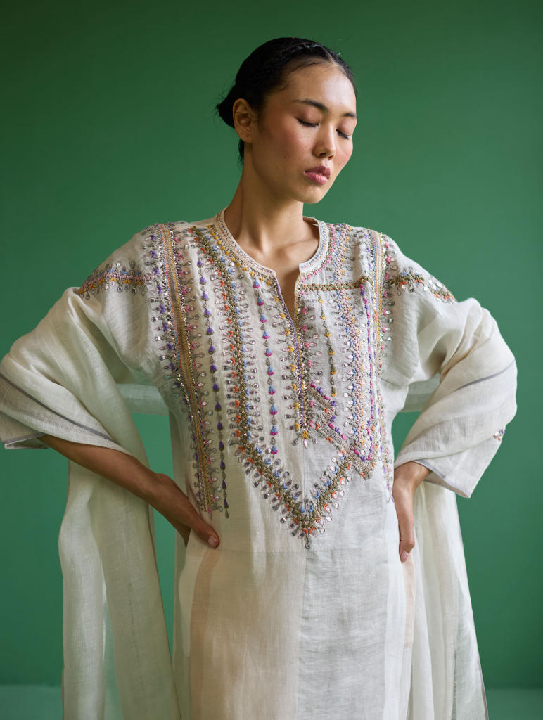 Rida Hand-Embroidered Metallic Linen Kurta - Ivory linen by Manan in ivory color for women in Singapore