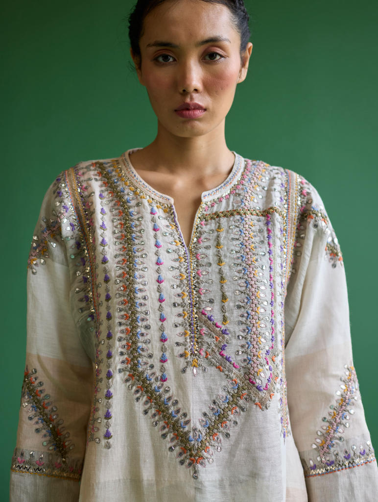 Rida Hand-Embroidered Kurta Set
 - Ivory linen by Manan in ivory color for women in Singapore