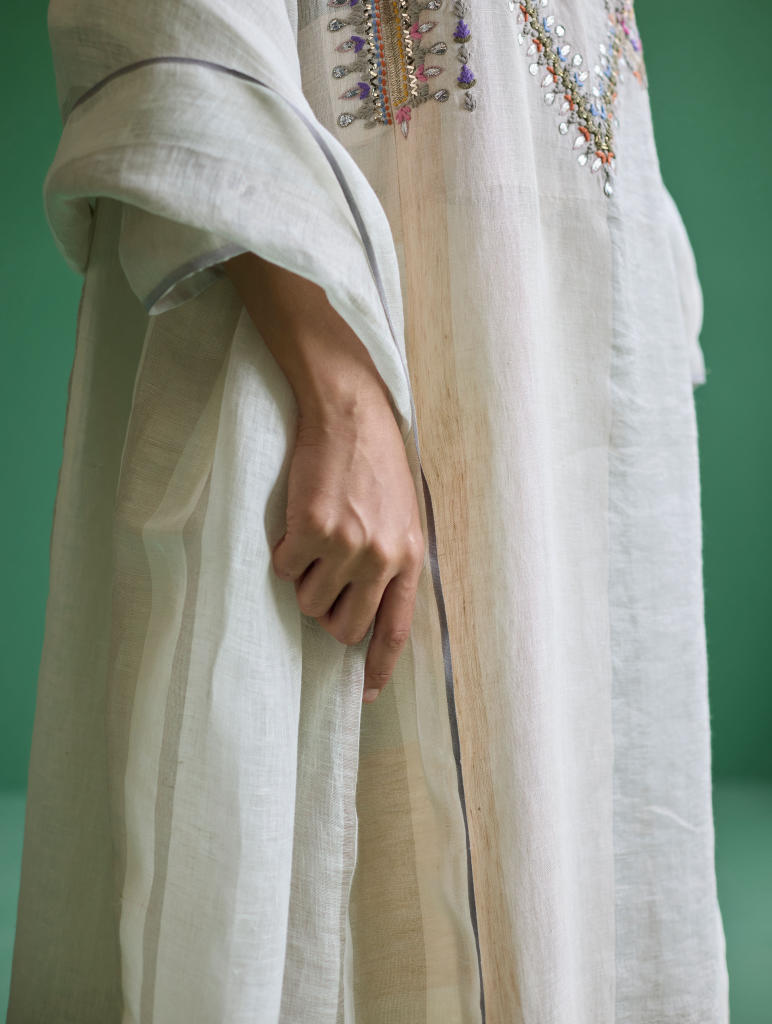 Rida Hand-Embroidered Kurta Set
 - Ivory linen by Manan in ivory color for women in Singapore