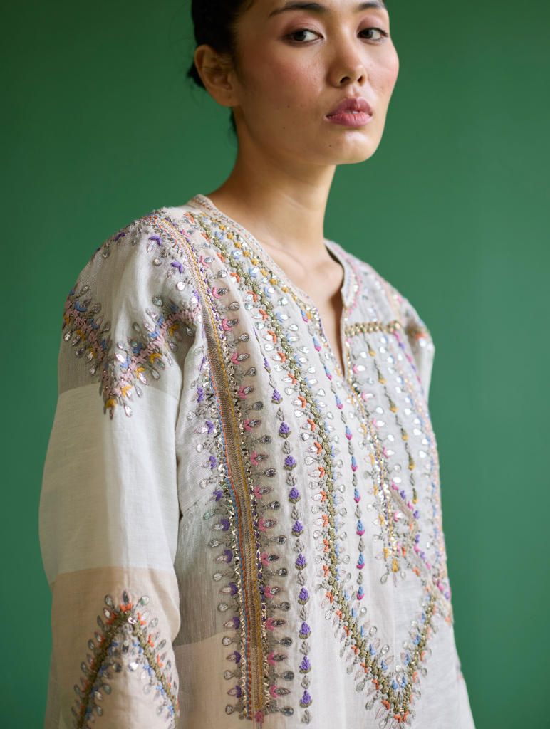 Rida Hand-Embroidered Metallic Linen Kurta - Ivory linen by Manan in ivory color for women in Singapore