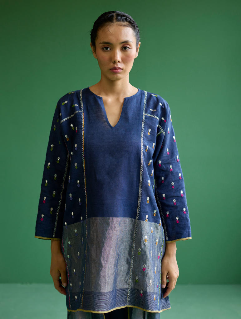 Ennya Hand-Embroidered Metallic Linen Kurta - Navy linen by Manan in navy color for women in Singapore