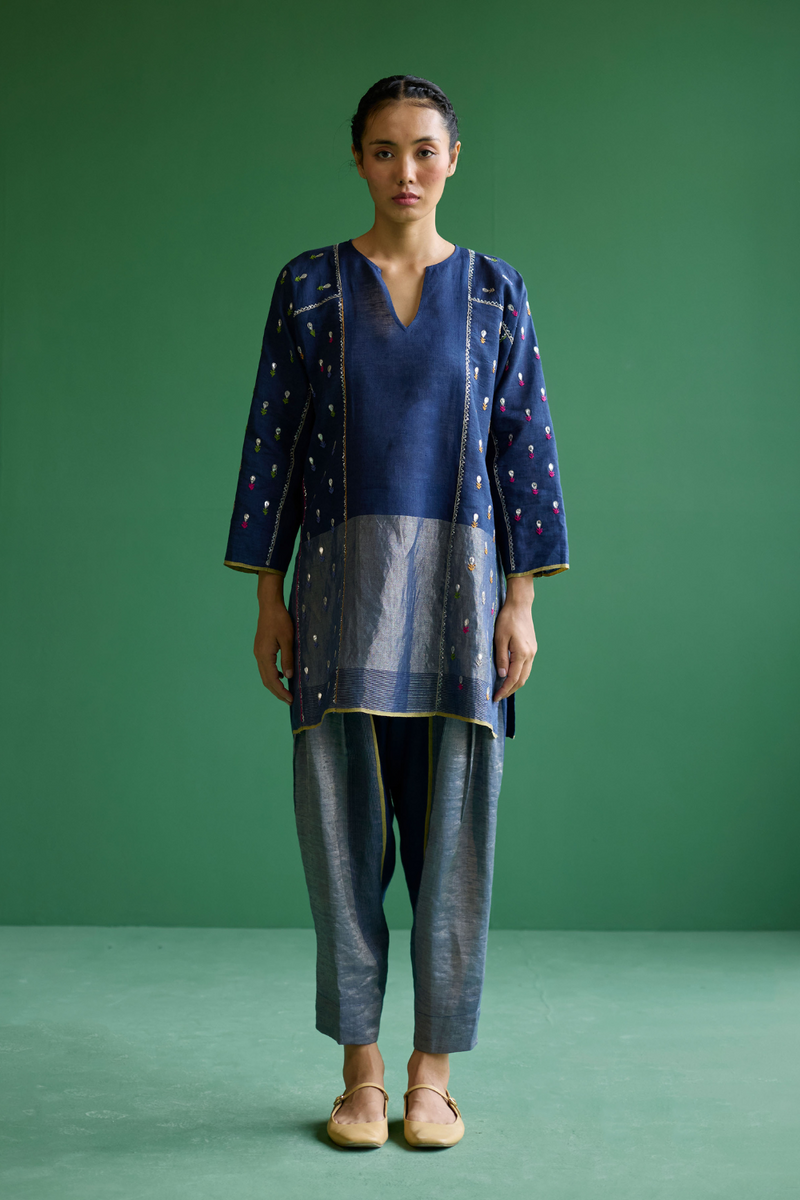Ennya Hand-Embroidered Metallic Linen Kurta - Navy linen by Manan in navy color for women in Singapore