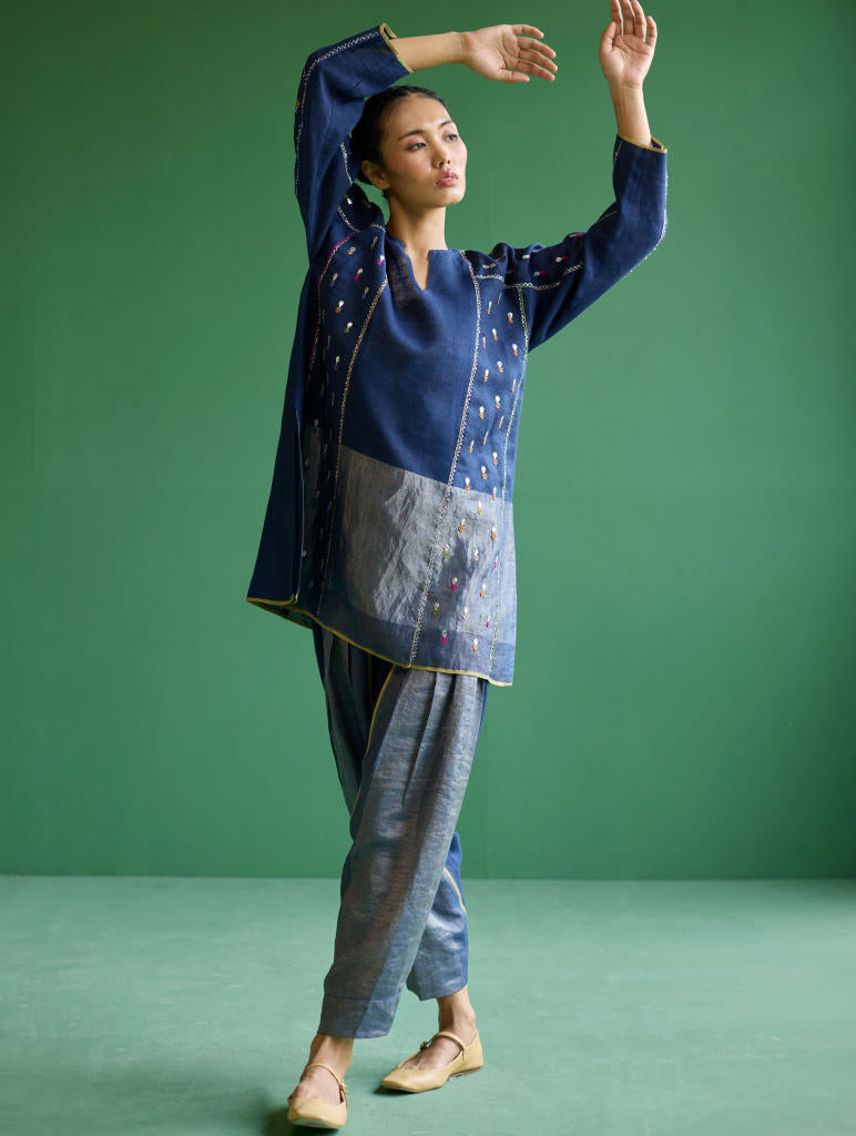 Ennya Hand-Embroidered Kurta Set
 - Navy linen by Manan in navy color for women in Singapore