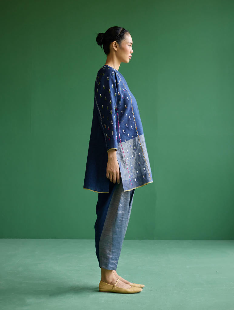 Ennya Hand-Embroidered Metallic Linen Kurta - Navy linen by Manan in navy color for women in Singapore