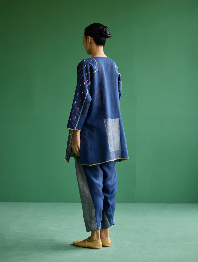 Ennya Hand-Embroidered Metallic Linen Kurta - Navy linen by Manan in navy color for women in Singapore