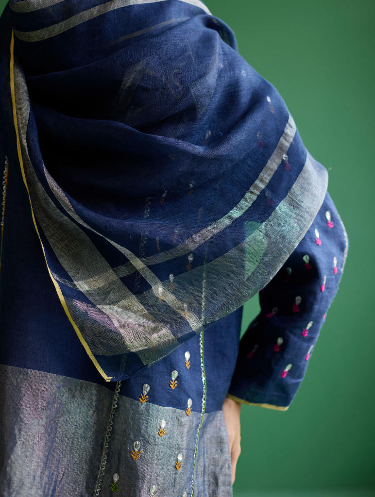 Ennya Hand-Embroidered Metallic Linen Kurta - Navy linen by Manan in navy color for women in Singapore