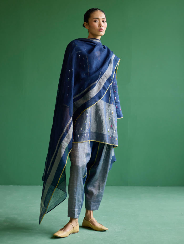 Ennya Hand-Embroidered Metallic Linen Kurta - Navy linen by Manan in navy color for women in Singapore