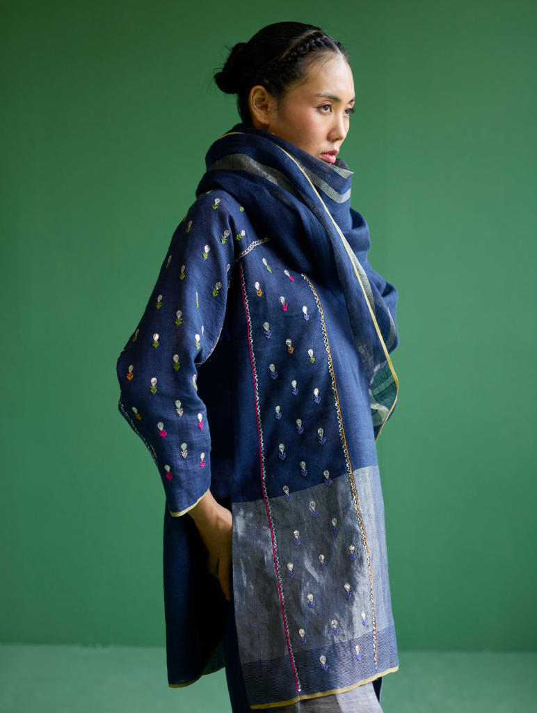 Ennya Hand-Embroidered Kurta Set
 - Navy linen by Manan in navy color for women in Singapore